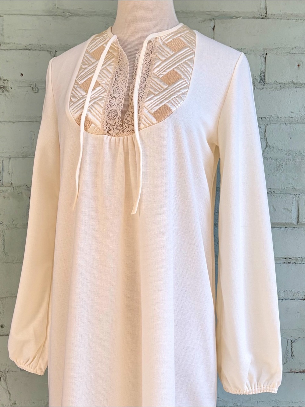 Vintage Cream Long Sleeve Maxi Dress with Embroidered Front Bib Detail